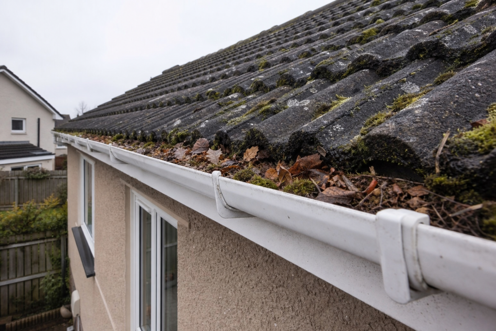 Residential property in Falkirk with debris visible in roof guttering