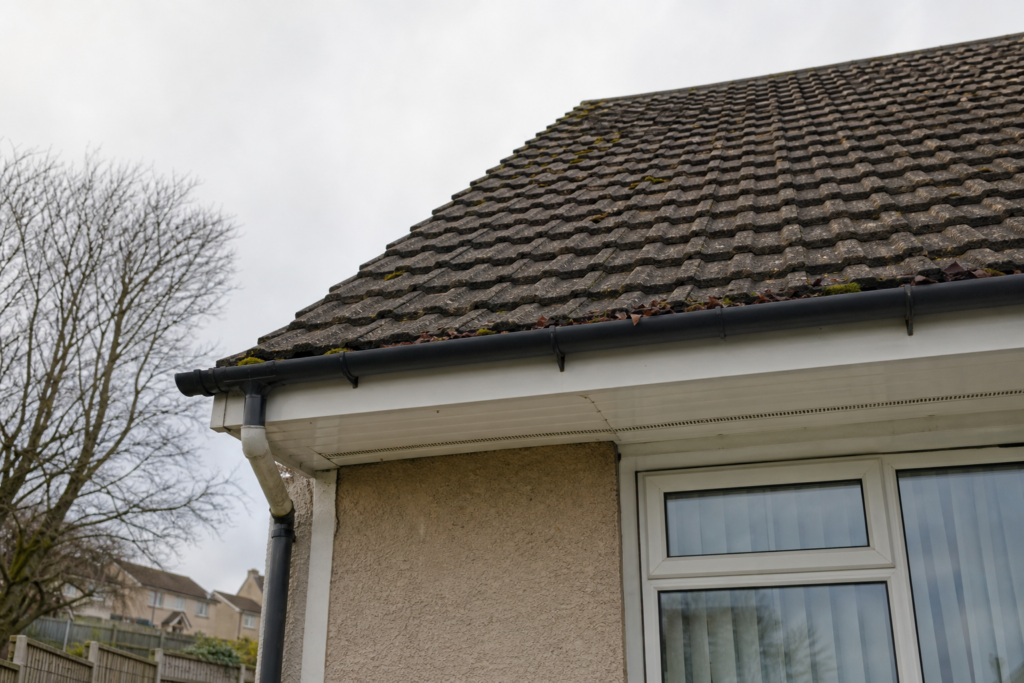 Residential roof gutter with leaves and moss build-up on a home in Cupar