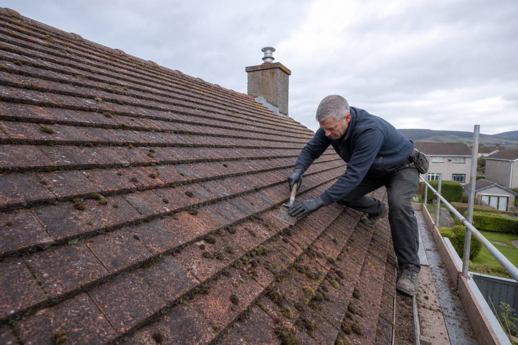 Professional manually removing moss from a tiled residential roof in Kirkcaldy