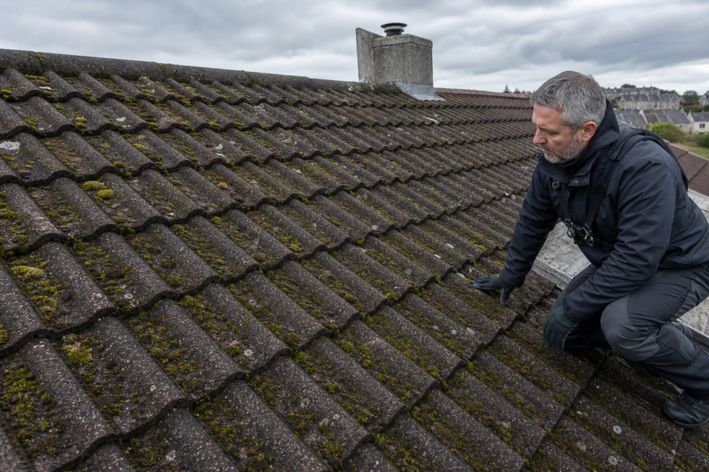 Scottish residential tiled roof with moss growth before safe manual cleaning