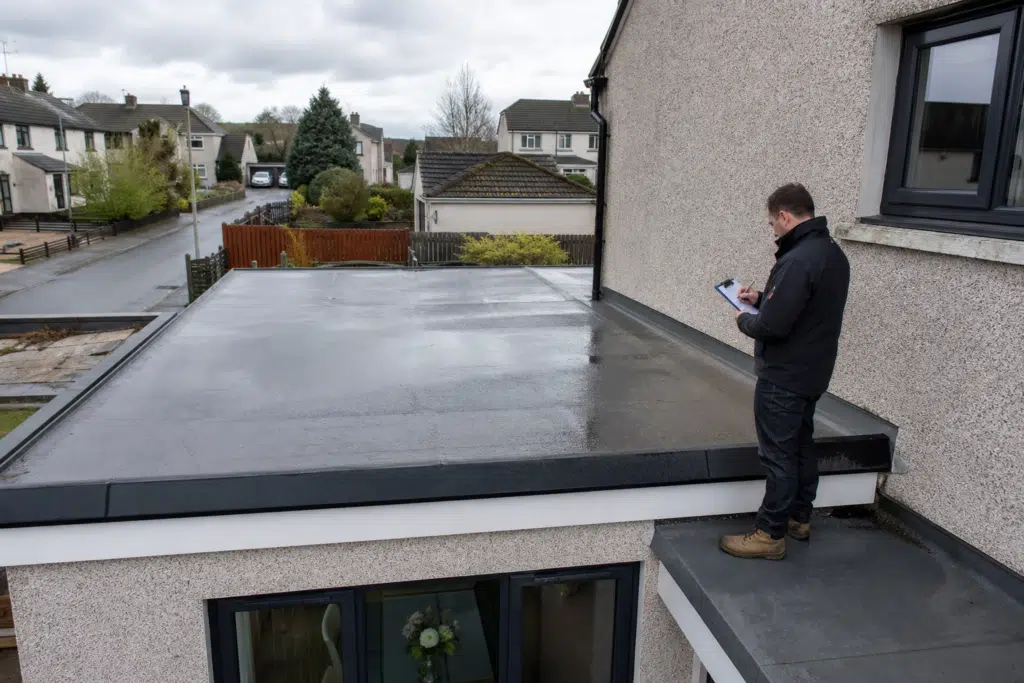 Flat-roofed residential extension in Glenrothes after rainfall
