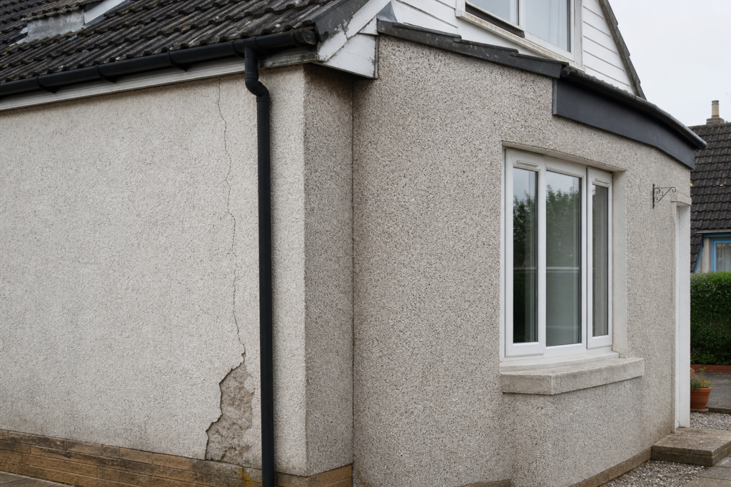 Scottish home with cracked roughcast exterior wall and roof edge visible