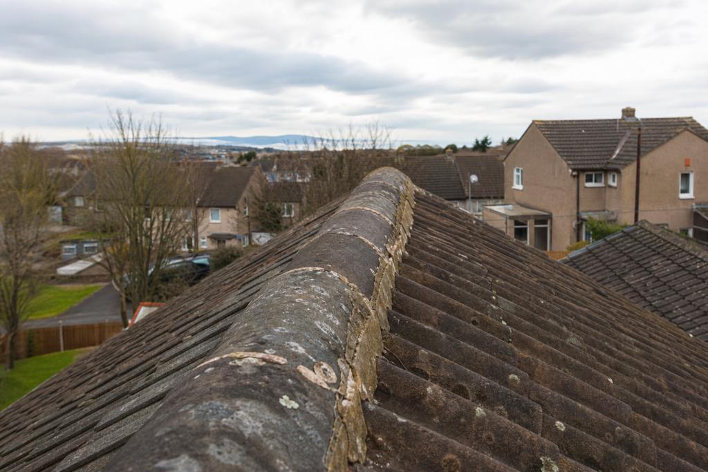 Close view of ridge tiles and weathered mortar on a pitched residential roof