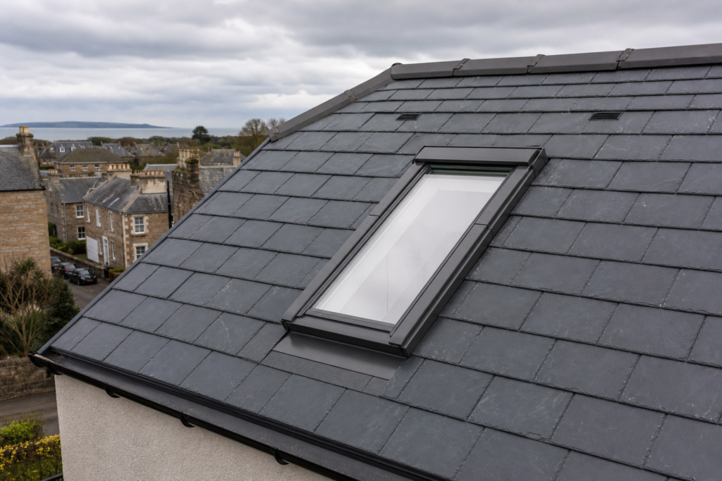 Roof window fitted into a pitched slate roof on a Scottish home